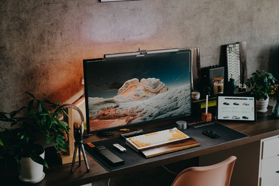 A tidy desk setup with monitor, keyboard, and plants, perfect for a modern home office.